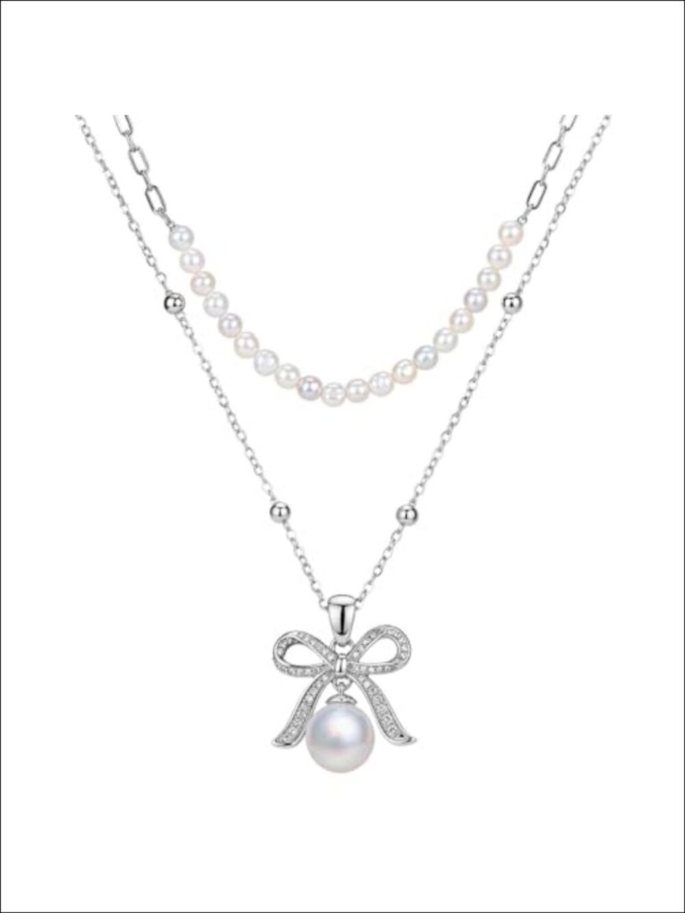 Layered Bow Pendant Necklace 14K White Gold Plated Pearl Women